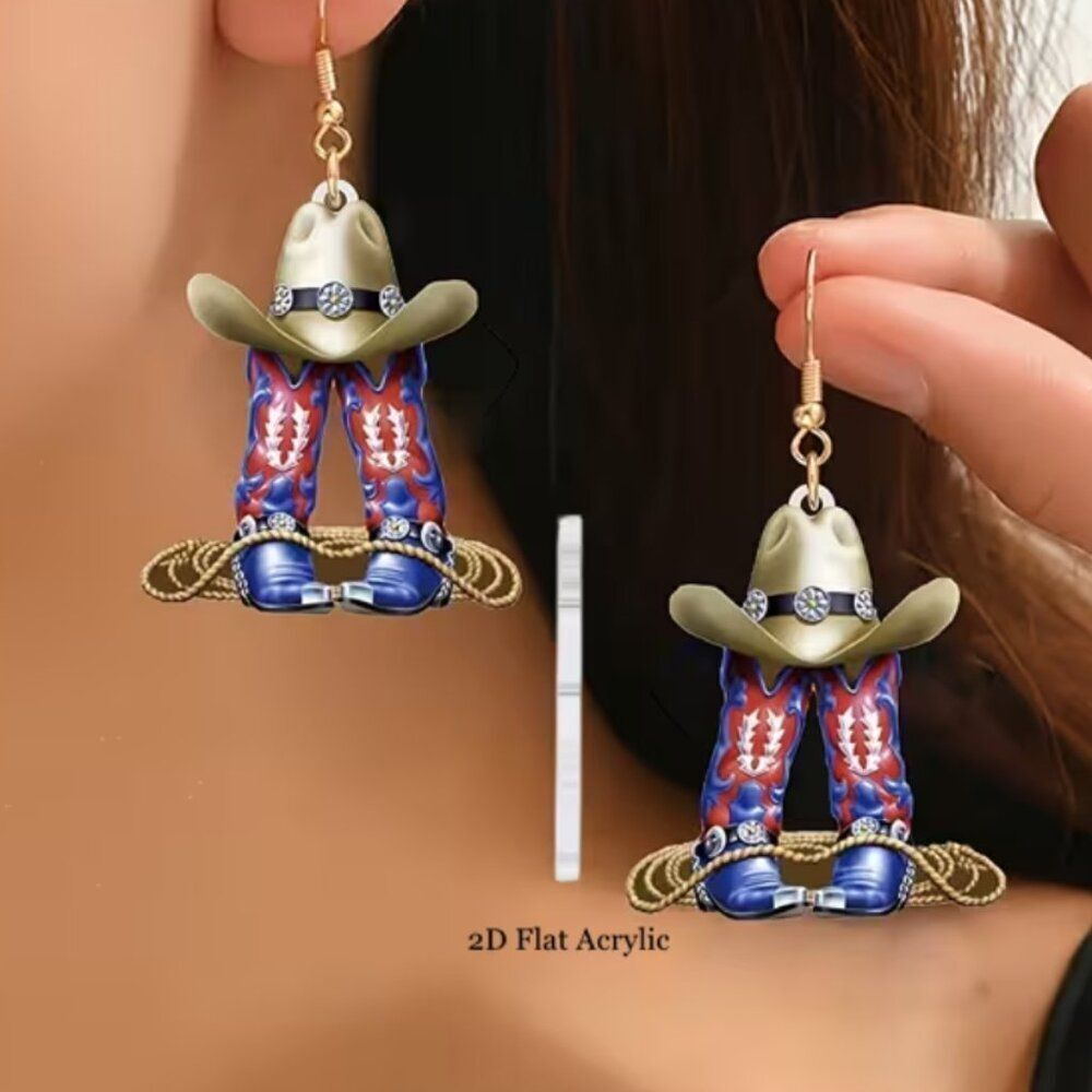 Acrylic Earrings Red & Blue Cowboy Boots with Cowboy Hat and Rope French Wire